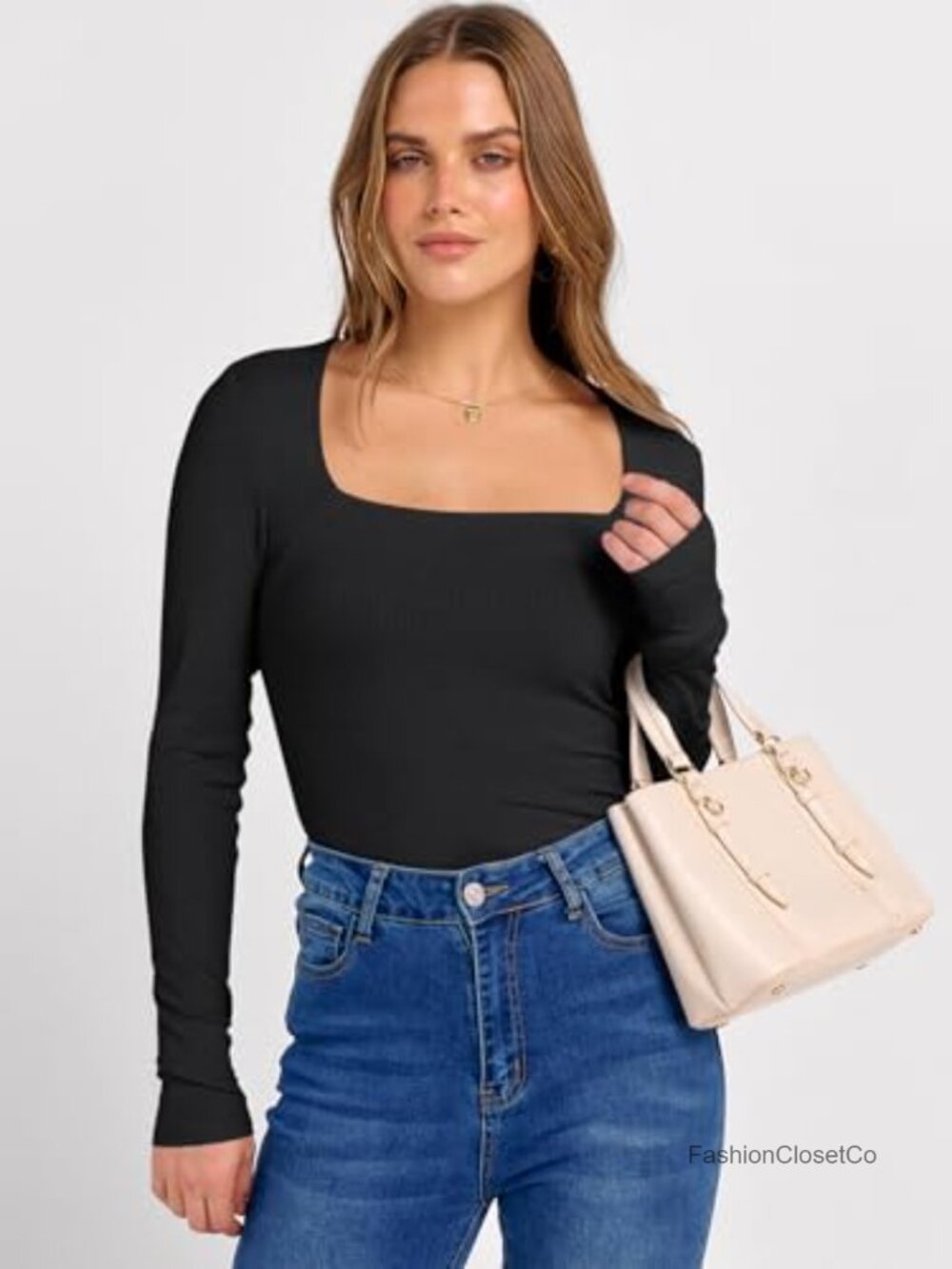 Long Sleeve Square Neck Ribbed Skinny Fit Top Women's Pullover - Picture 2 of 6